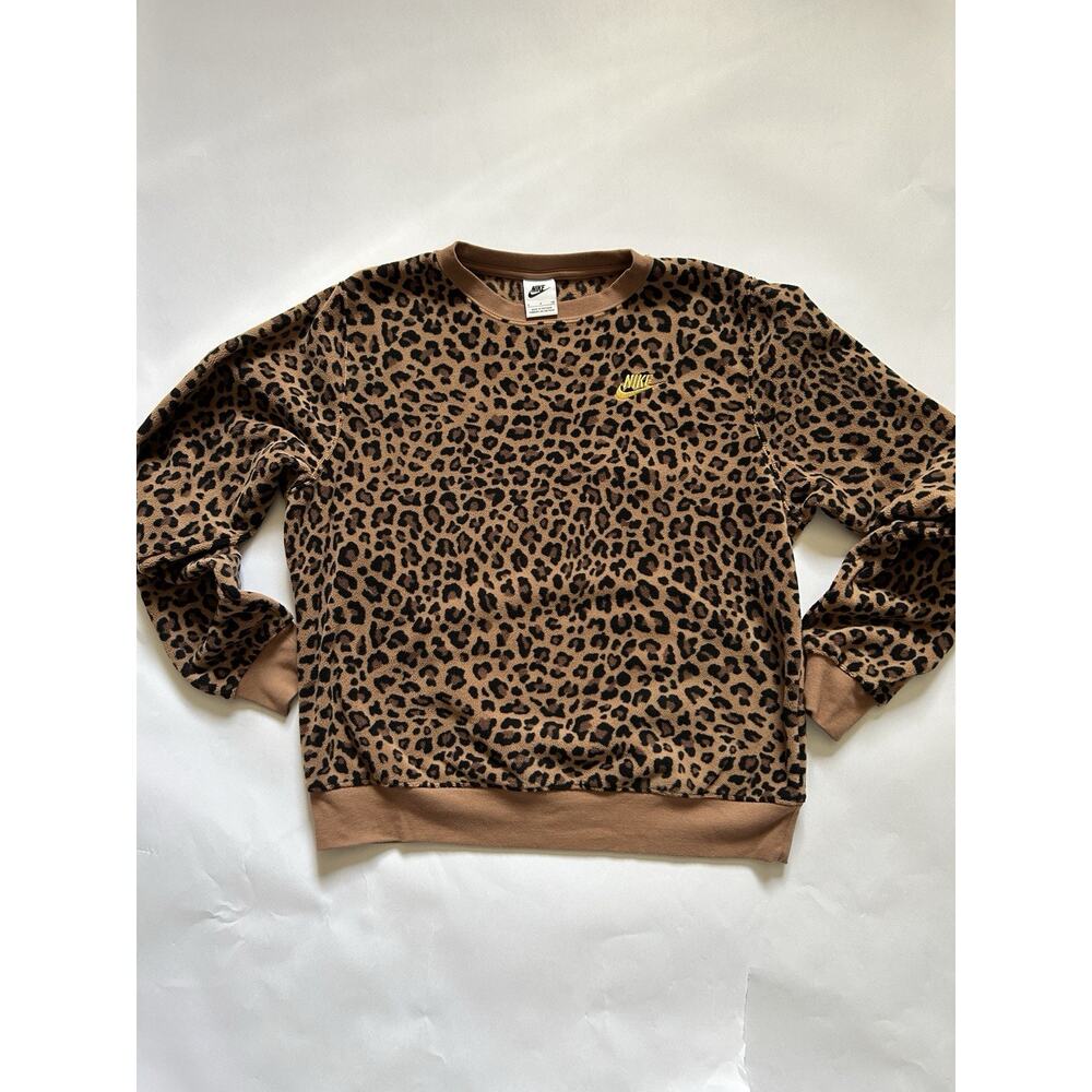 Nike Leopard Print Sweatshirt Women Small Brown Crewneck Fleece Pullover - Picture 3 of 12